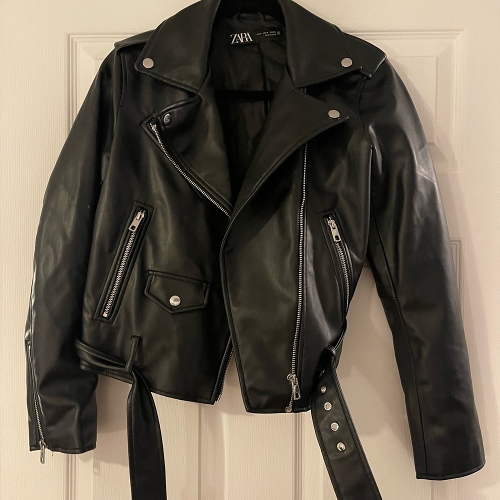 Zara oversized black faux leather belted biker jacket size women’s US medium.